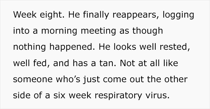 Boss Vanishes For 8 Weeks Saying He Has Covid, Employee Finds Out The Truth And Throws A Party To Reveal Where He Actually Was Boss Vanishes For 8 Weeks Saying He Has Covid, Employee Finds Out The Truth And Throws A Party To Reveal Where He Actually Was