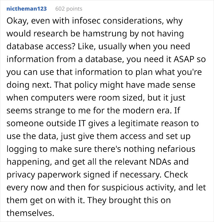 Data Analyst Maliciously Complies After Not Getting Direct Access To The Database They Need For Their Job Data Analyst Maliciously Complies After Not Getting Direct Access To The Database They Need For Their Job