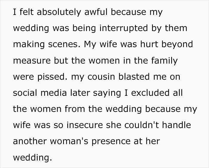 Man Asks If He Was Wrong To Kick Out All The Women In His Family After They Showed Up To His Wedding Wearing White For A Twisted ‘Ultimate Test’ Man Asks If He Was Wrong To Kick Out All The Women In His Family After They Showed Up To His Wedding Wearing White For A Twisted ‘Ultimate Test’