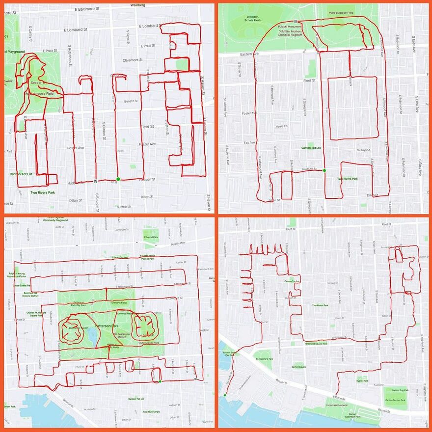 Gary Cordery Collects People&#8217;s Drawings Made On A Map By Walking, Running, Cycling, Or Driving (94 Pics)