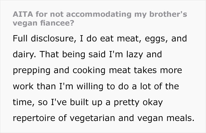 “She Could Eat Every Single Thing Served”: Brother Angry At Family Member After His Vegan Fiancée Goes Hungry At Dinner Despite The Food Being Vegan “She Could Eat Every Single Thing Served”: Brother Angry At Family Member After His Vegan Fiancée Goes Hungry At Dinner Despite The Food Being Vegan