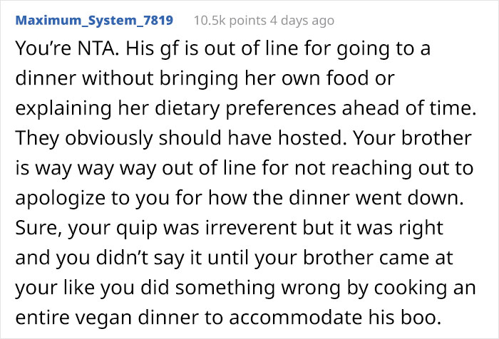 “She Could Eat Every Single Thing Served”: Brother Angry At Family Member After His Vegan Fiancée Goes Hungry At Dinner Despite The Food Being Vegan “She Could Eat Every Single Thing Served”: Brother Angry At Family Member After His Vegan Fiancée Goes Hungry At Dinner Despite The Food Being Vegan