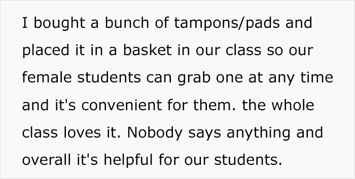 Female Colleague Calls Out This Male Teacher For Keeping A Basket Full Of Tampons And Pads For His Students Female Colleague Calls Out This Male Teacher For Keeping A Basket Full Of Tampons And Pads For His Students