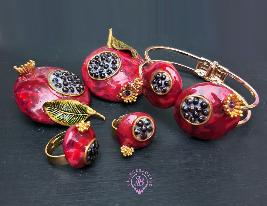 The Unusual Design Of Pomegranate Jewelry I Made Out Of Polymer Clay (20 Pics)