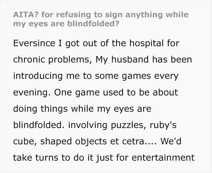 Husband Asks Wife To Sign Papers While Blindfolded, She Gets Suspicious When He Refuses To Show The Papers Husband Asks Wife To Sign Papers While Blindfolded, She Gets Suspicious When He Refuses To Show The Papers