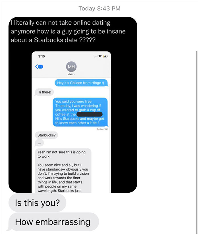 Woman Goes Viral On Twitter For Showing A Dramatic Message A Guy Sent Her When She Suggested To Meet At Starbucks For Their First Date