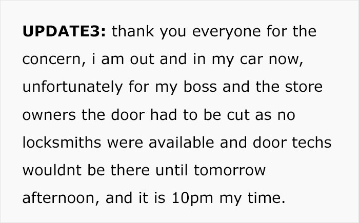 Employee Asks For Legal Advice After Having Restaurant Door Cut To Get Out Of Work After Boss Forbids Them To Call 911 Employee Asks For Legal Advice After Having Restaurant Door Cut To Get Out Of Work After Boss Forbids Them To Call 911