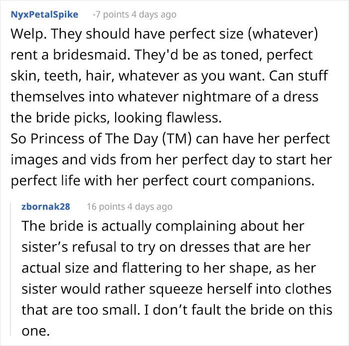 Bride Says She Wants To Drop Her Sister As A Bridesmaid Because She Won’t Wear A Dress Her Size, Asks The Internet What To Do Bride Says She Wants To Drop Her Sister As A Bridesmaid Because She Won’t Wear A Dress Her Size, Asks The Internet What To Do