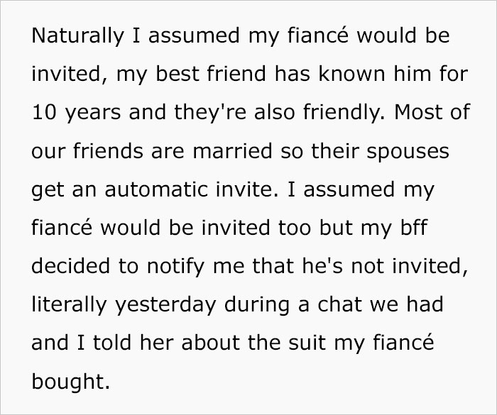 Woman Gets Labeled A Jerk For Refusing To Attend Friend’s Wedding After Her Fiance Is Not Invited Woman Gets Labeled A Jerk For Refusing To Attend Friend’s Wedding After Her Fiance Is Not Invited