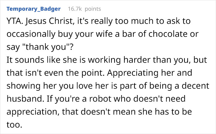 Man Wonders If He’s A Bad Guy For Telling His Wife That Wants To Be Appreciated To Stop Expecting It, As It’s Her Job To Be A Stay-At-Home Mom Man Wonders If He’s A Bad Guy For Telling His Wife That Wants To Be Appreciated To Stop Expecting It, As It’s Her Job To Be A Stay-At-Home Mom