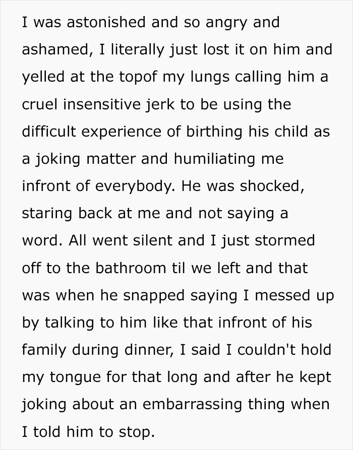 Husband Humiliates His Wife In Front Of His Whole Family By Laughing About Her Embarrassing Birth Experience, She Finally Snaps Husband Humiliates His Wife In Front Of His Whole Family By Laughing About Her Embarrassing Birth Experience, She Finally Snaps