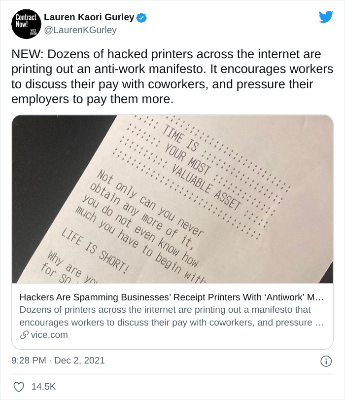 Hackers Attack Businesses’ Printers, Make Them Print “Antiwork” Messages Instead Of Receipts