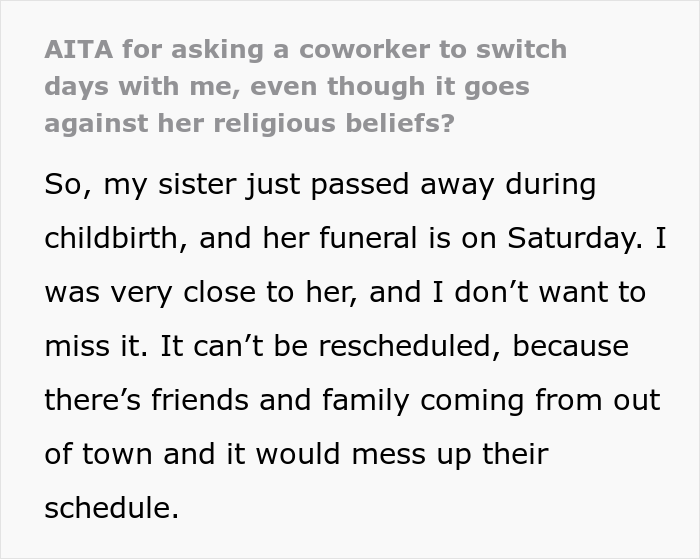 Woman&#8217;s Sister Dies Unexpectedly, She Asks For A Day Off Work, But Coworker Says No Because Of Her Religious Beliefs
