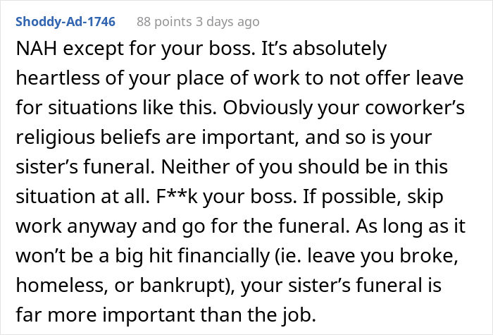 Woman&#8217;s Sister Dies Unexpectedly, She Asks For A Day Off Work, But Coworker Says No Because Of Her Religious Beliefs