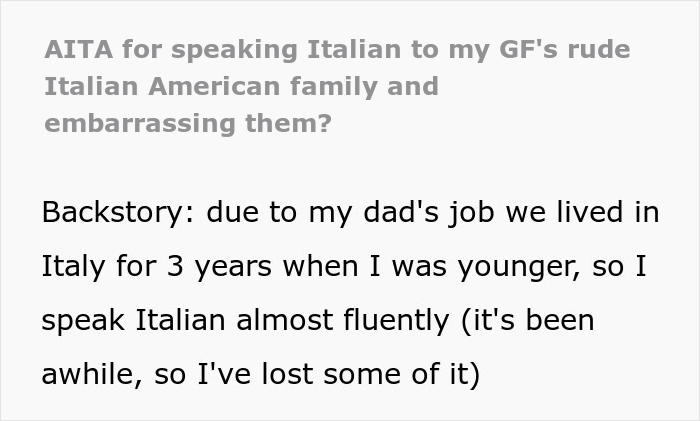 Girlfriend’s Rude Italian-American Family Make Fun Of Her Boyfriend, Are Surprised When He Roasts Them With Fluent Italian Girlfriend’s Rude Italian-American Family Make Fun Of Her Boyfriend, Are Surprised When He Roasts Them With Fluent Italian