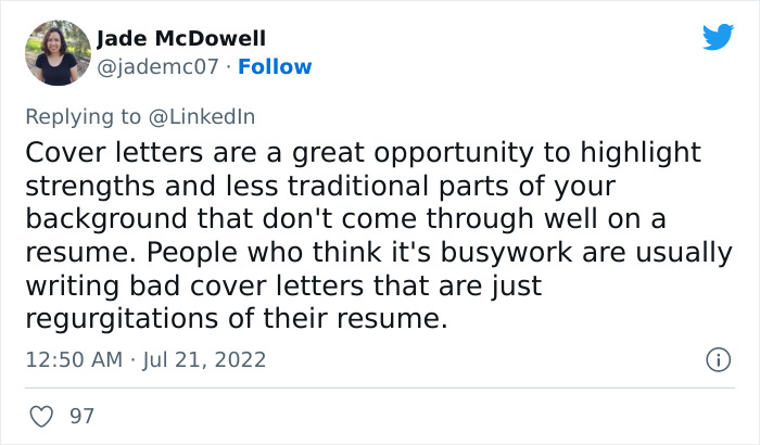 LinkedIn Dissed ‘Little Miss’ For Not Applying If There Is A Cover Letter Requirement And Twitter Users Respond LinkedIn Dissed ‘Little Miss’ For Not Applying If There Is A Cover Letter Requirement And Twitter Users Respond