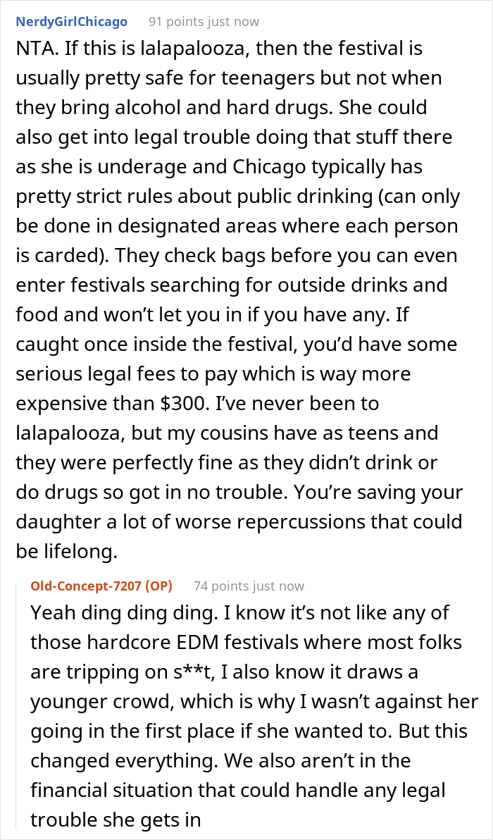 “AITA For Not Letting Daughter Go To Music Festival After I Accidentally Saw Her Texts?” “AITA For Not Letting Daughter Go To Music Festival After I Accidentally Saw Her Texts?”