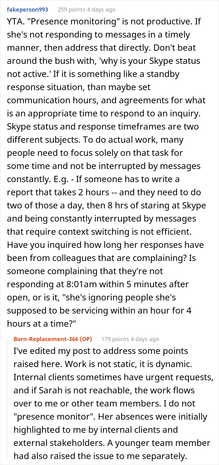 Boss Believes That Employee Is Not Doing Her Duties While Working From Home, Calls Her Out As She Can Be Offline For Up To An Hour Boss Believes That Employee Is Not Doing Her Duties While Working From Home, Calls Her Out As She Can Be Offline For Up To An Hour
