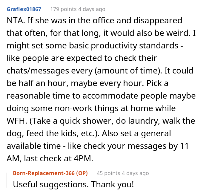 Boss Believes That Employee Is Not Doing Her Duties While Working From Home, Calls Her Out As She Can Be Offline For Up To An Hour Boss Believes That Employee Is Not Doing Her Duties While Working From Home, Calls Her Out As She Can Be Offline For Up To An Hour