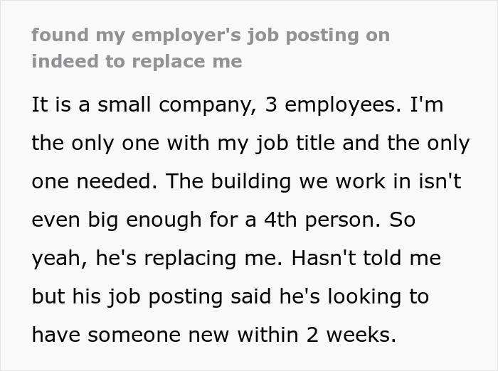 Employee Finds Out Employer Is Secretly Looking To Replace Them After Finding Their Job Listed Online Employee Finds Out Employer Is Secretly Looking To Replace Them After Finding Their Job Listed Online