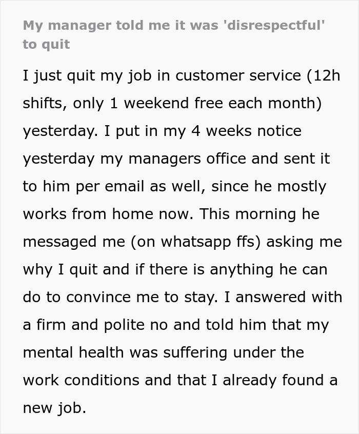 Boss Feels ‘Disrespected’ And ‘Disappointed’ After Exhausted Employee Of 4 Years Hands In His Notice Boss Feels ‘Disrespected’ And ‘Disappointed’ After Exhausted Employee Of 4 Years Hands In His Notice