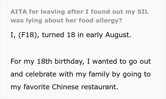 “AITA For Leaving After I Found Out My SIL Was Lying About Her Food Allergy?” “AITA For Leaving After I Found Out My SIL Was Lying About Her Food Allergy?”