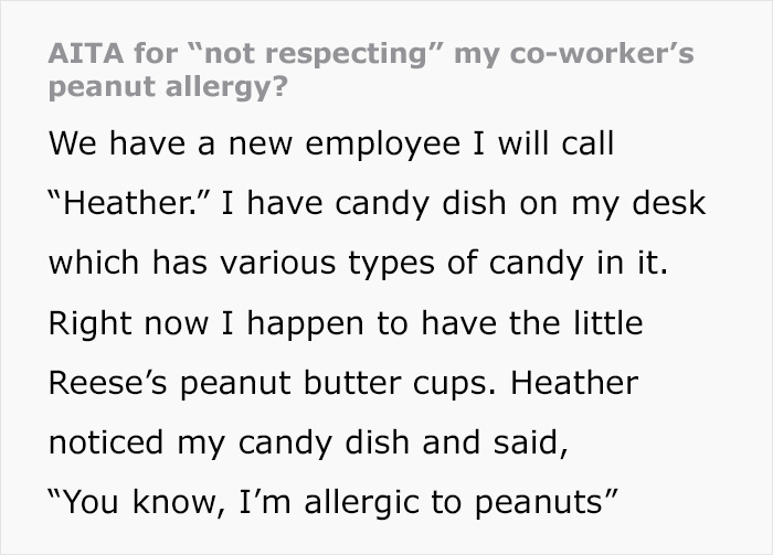 “Am I The Jerk For ‘Not Respecting’ My Coworker’s Peanut Allergy?” “Am I The Jerk For ‘Not Respecting’ My Coworker’s Peanut Allergy?”