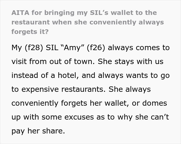 Woman’s SIL “Forgets” Her Wallet All The Time When They Go To Restaurants, So She Took It For Her Woman’s SIL “Forgets” Her Wallet All The Time When They Go To Restaurants, So She Took It For Her