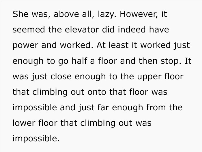 Manager “Left Hanging” In Elevator For 5 Hours With A Full Bladder After Her Employee Couldn’t Help Her Because Of Her Own Absurd Rules Manager “Left Hanging” In Elevator For 5 Hours With A Full Bladder After Her Employee Couldn’t Help Her Because Of Her Own Absurd Rules
