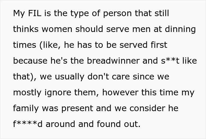 “I Said That He Could Starve”: Sexist Father-In-Law Left Family Gathering After Woman Refused To Serve Him Dinner “I Said That He Could Starve”: Sexist Father-In-Law Left Family Gathering After Woman Refused To Serve Him Dinner