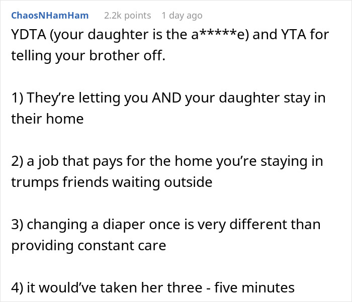 “Am I A Jerk For Telling My Brother Off When He Berated My Daughter For Not Changing Her Cousin’s Diaper?” “Am I A Jerk For Telling My Brother Off When He Berated My Daughter For Not Changing Her Cousin’s Diaper?”