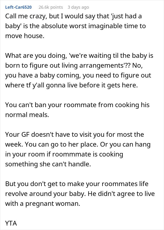 Roommate Upset After This Guy Told Him To Not Cook Certain Meals When His Pregnant Girlfriend Comes Over