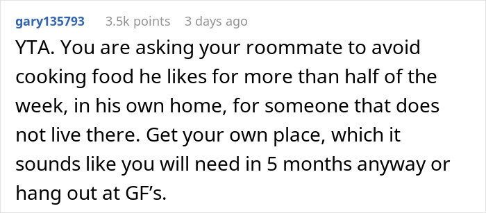 Roommate Upset After This Guy Told Him To Not Cook Certain Meals When His Pregnant Girlfriend Comes Over
