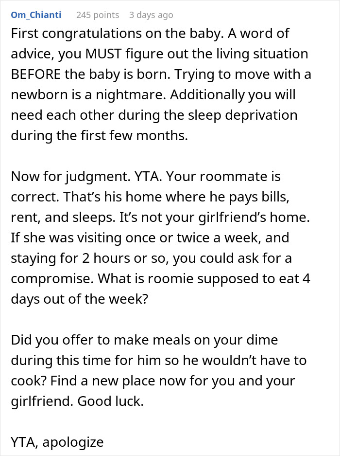Roommate Upset After This Guy Told Him To Not Cook Certain Meals When His Pregnant Girlfriend Comes Over