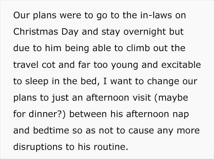 Mom Asks If She’s Being Unreasonable For Thinking About ‘Canceling Christmas’ At Her In-Laws, So As To Not Disrupt Son’s Daily Routine Mom Asks If She’s Being Unreasonable For Thinking About ‘Canceling Christmas’ At Her In-Laws, So As To Not Disrupt Son’s Daily Routine