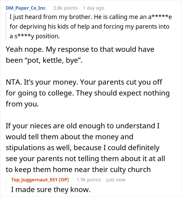 Woman Refuses To Simply Give Money To Her Parents Who Are Raising Her Nieces As They Are Ultra-Religious, But Leaves Them Inheritance With A Condition Woman Refuses To Simply Give Money To Her Parents Who Are Raising Her Nieces As They Are Ultra-Religious, But Leaves Them Inheritance With A Condition
