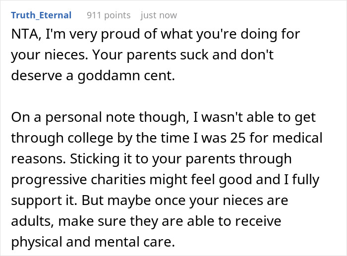Woman Refuses To Simply Give Money To Her Parents Who Are Raising Her Nieces As They Are Ultra-Religious, But Leaves Them Inheritance With A Condition Woman Refuses To Simply Give Money To Her Parents Who Are Raising Her Nieces As They Are Ultra-Religious, But Leaves Them Inheritance With A Condition
