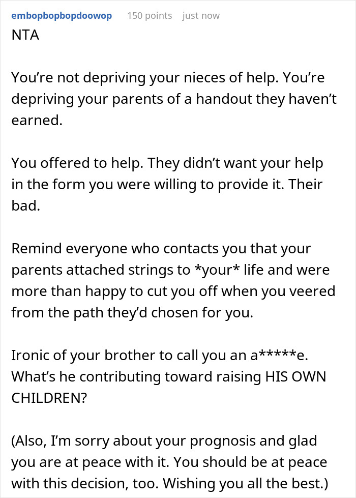 Woman Refuses To Simply Give Money To Her Parents Who Are Raising Her Nieces As They Are Ultra-Religious, But Leaves Them Inheritance With A Condition Woman Refuses To Simply Give Money To Her Parents Who Are Raising Her Nieces As They Are Ultra-Religious, But Leaves Them Inheritance With A Condition
