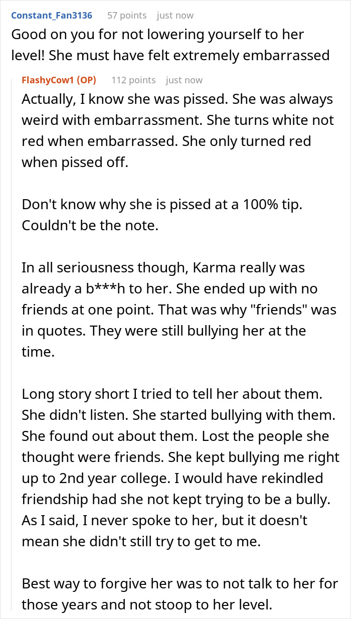 Woman Gets Back At Her School Bully For Harassing Her At A Restaurant By Leaving Her A 100% Tip On $40 Meal