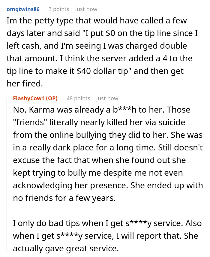 Woman Gets Back At Her School Bully For Harassing Her At A Restaurant By Leaving Her A 100% Tip On $40 Meal