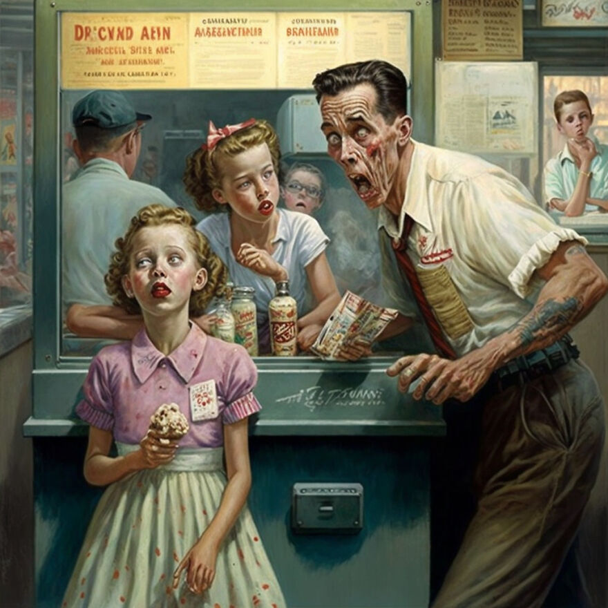 I Wondered How Painter Norman Rockwell Would Portray Christmas Zombies, And Here Are 21 Images Generated With An AI