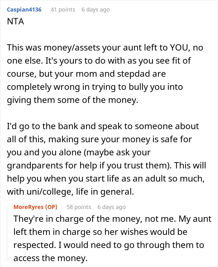 Parents Furious Their 16 Y.O. Straight Up Refuses To Divide Up His Late Aunt’s Inheritance With 4 Other Siblings Parents Furious Their 16 Y.O. Straight Up Refuses To Divide Up His Late Aunt’s Inheritance With 4 Other Siblings