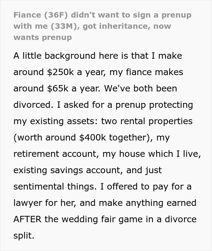 Man Turns To The Internet For Advice After Hypocritical Fiancée Turned Down His Prenup But Demanded He Sign Hers Man Turns To The Internet For Advice After Hypocritical Fiancée Turned Down His Prenup But Demanded He Sign Hers