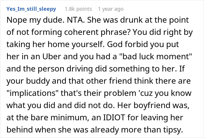 Guy Is Told Off By His Friend For Taking His Drunk Fiancée Home Instead Of Calling An Uber For Her