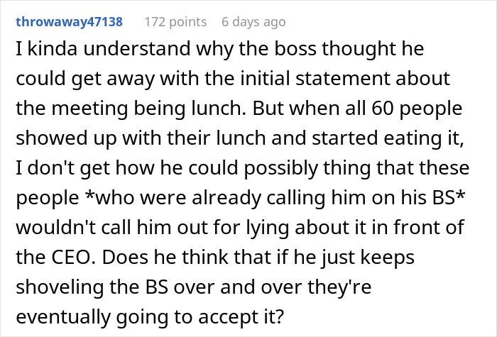 Employees Are Told Their Meeting With The CEO Counts As Lunch, So All 60 Of Them Maliciously Comply