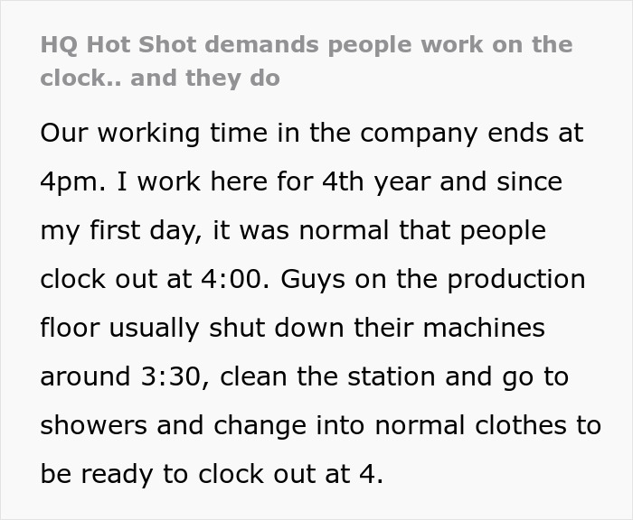 New Manager Demands Employees “Work On The Clock”, And One Malicious Compliance Later, They Rack Up 2,000 Extra Man Hours New Manager Demands Employees “Work On The Clock”, And One Malicious Compliance Later, They Rack Up 2,000 Extra Man Hours