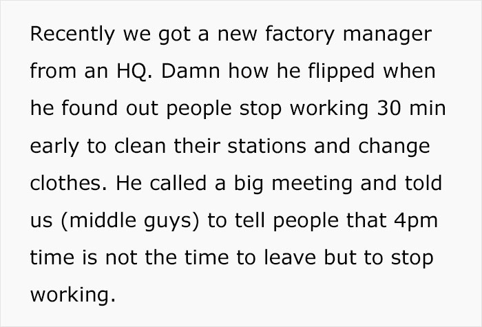 New Manager Demands Employees “Work On The Clock”, And One Malicious Compliance Later, They Rack Up 2,000 Extra Man Hours New Manager Demands Employees “Work On The Clock”, And One Malicious Compliance Later, They Rack Up 2,000 Extra Man Hours