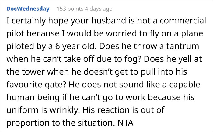 Pilot Skips Work Because His Stay-At-Home Wife Didn’t Iron His Uniform, Shows Her How Her Actions “Could Affect The Money That Keeps Coming In” Pilot Skips Work Because His Stay-At-Home Wife Didn’t Iron His Uniform, Shows Her How Her Actions “Could Affect The Money That Keeps Coming In”