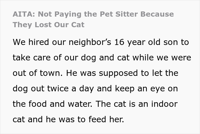 16 Y.O. Loses His Neighbor’s Cat That He Was Supposed To Pet Sit, His Mom Is Upset About The Neighbors Refusing To Pay For His Work 16 Y.O. Loses His Neighbor’s Cat That He Was Supposed To Pet Sit, His Mom Is Upset About The Neighbors Refusing To Pay For His Work