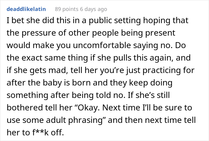 MIL Won’t Stop Touching Mom-To-Be’s Belly Despite Knowing That It Triggers Her, Gets Publicly Embarrassed MIL Won’t Stop Touching Mom-To-Be’s Belly Despite Knowing That It Triggers Her, Gets Publicly Embarrassed